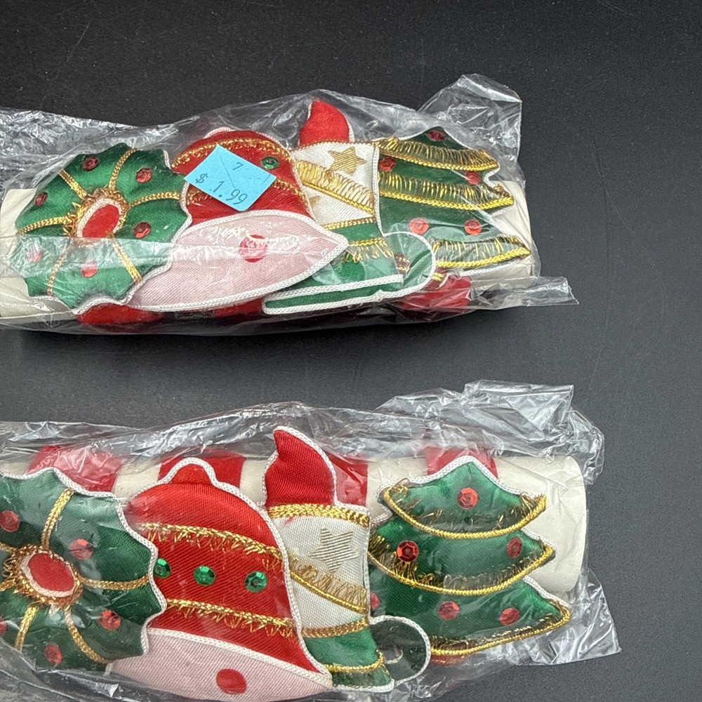 Vintage 12 Fabric & Sequin Embellished Holiday Christmas Napkin Rings Holders